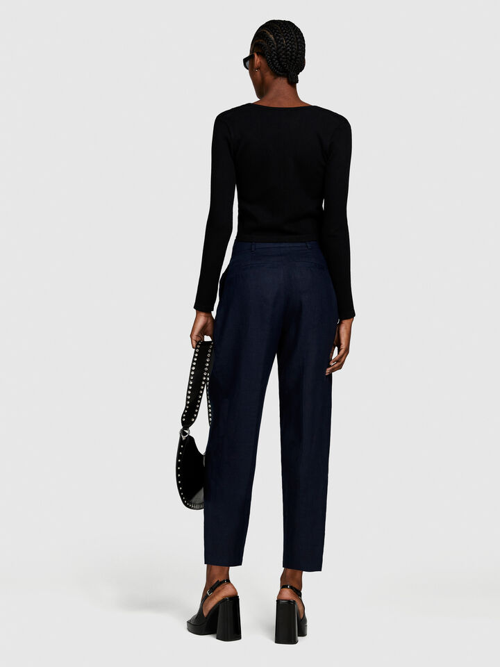 100% linen barrel leg trousers - women's carrot fit trousers - Dark Blue | Sisley image number 3